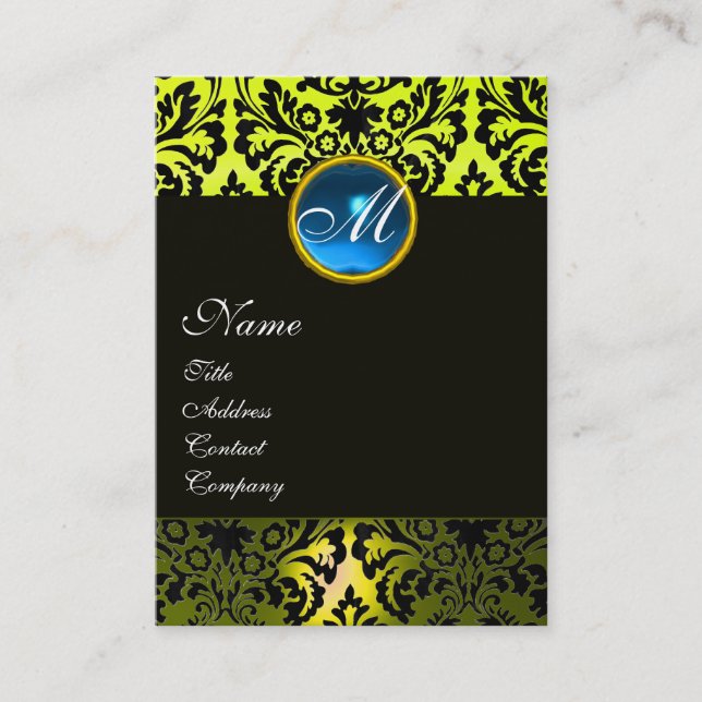 BLACK YELLOW DAMASK MONOGRAM ,Blue Sapphire Business Card (Front)