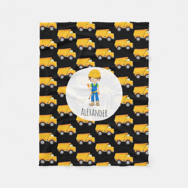 Black Yellow Dump Truck Boy Construction Worker Fleece Blanket (Front)