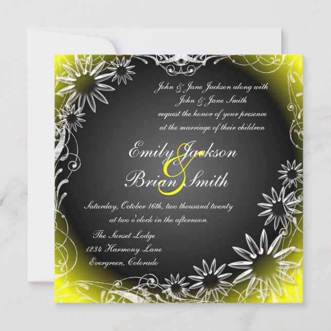 Black yellow fade daisy flower wedding invitations (Front)