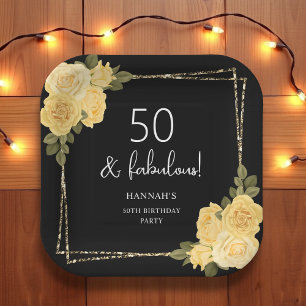 Black Yellow & Gold Floral 50th Birthday  Paper Plate