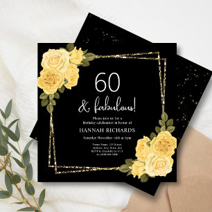 Black Yellow & Gold Floral 60th Birthday Invitation