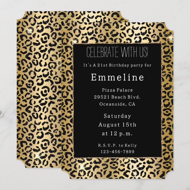 Black Yellow Gold Glitter Leopard  Invitation (Front/Back)