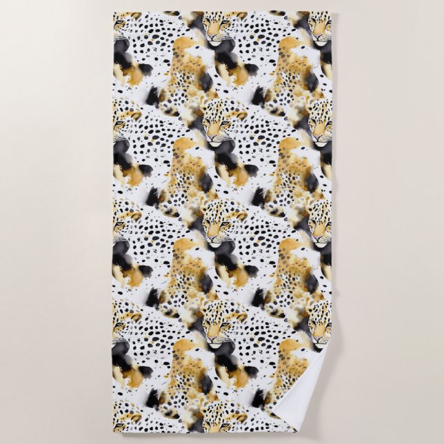 Black Yellow Gold Leopards Animal Print Beach Towel (Front)