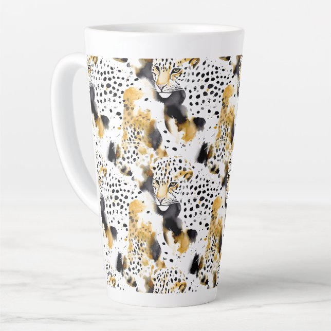 Black Yellow Gold Leopards Animal Print Latte Mug (Left Angle)
