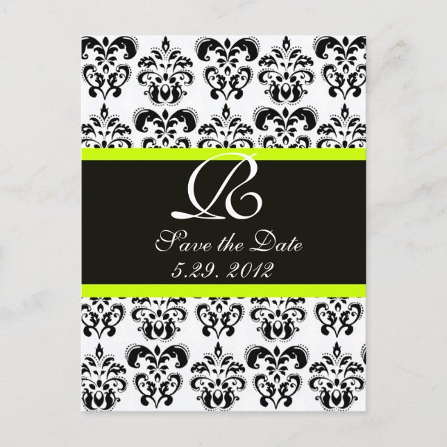BLACK  YELLOW GREEN AND WHITE DAMASK MONOGRAM ANNOUNCEMENT POSTCARD (Front)