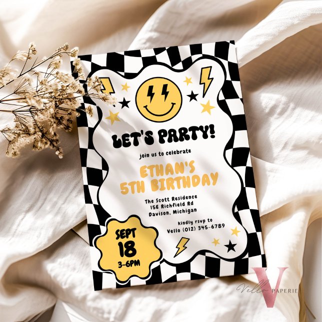 Black Yellow Groovy Smile Chequered Retro Birthday Invitation (Creator Uploaded)