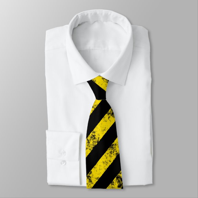 Black Yellow Grunge Caution Tape Stripes Pattern Tie (Tied)