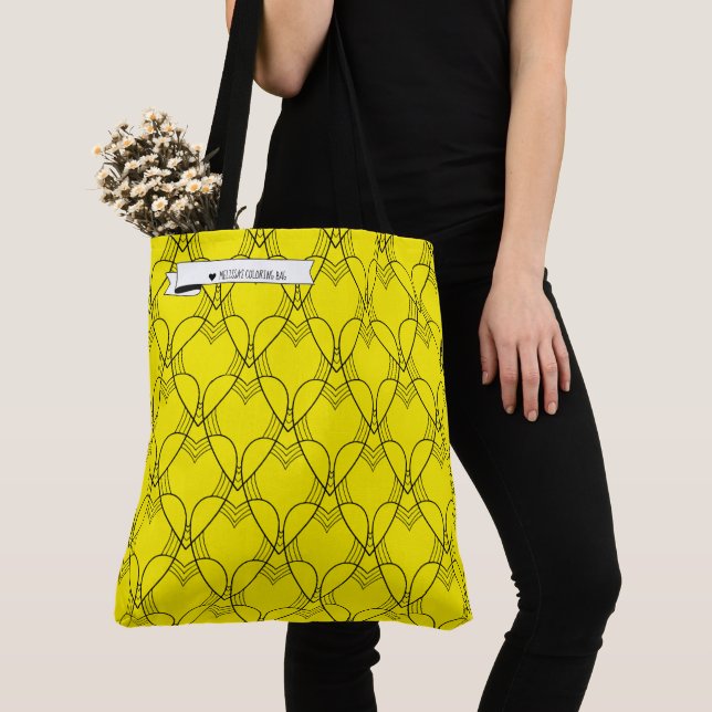 Black & Yellow Heart Pattern Colouring Go-Bag Tote Bag (Close Up)