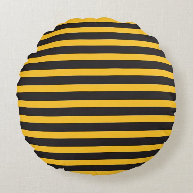 Black Yellow Horizontal Lines Geometric Bee Animal Round Pillow (Front)