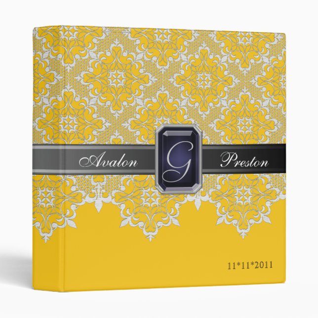 Black & Yellow Lace Jewel Monogram Wedding Binder (Front/Spine)