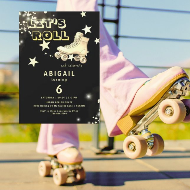Black & Yellow Let's Roll Skating Birthday Party Invitation (Creator Uploaded)