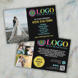 Black Yellow Logo Photos Promo Small Business Flyer<br><div class="desc">Black, yellow, and turquoise marketing flyers for your small business personalized with your logo, photos, QR code, and custom text. Personalized promo flyers for your small business, perhaps photography, landscaping, beauty, wellness, and more. Add photos, address, social media, phone number and any information your future clients and customers might need....</div>