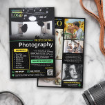 Black Yellow Mint Professional Photography Logo Flyer<br><div class="desc">Black marketing flyer for a professional photographer personalized with your photos, logos, contact information, custom text, and QR code. Add your work to this promo flyer for a professional photography business with bright yellow and mint green as accent colours. Add your specialties and offers and current discount promo. On the...</div>