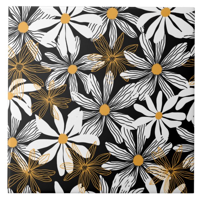 Black Yellow Modern Daisy Floral Abstract Pattern  Tile (Front)