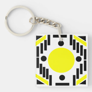 Black Yellow Modern Geometric Mandala Pattern Keychain