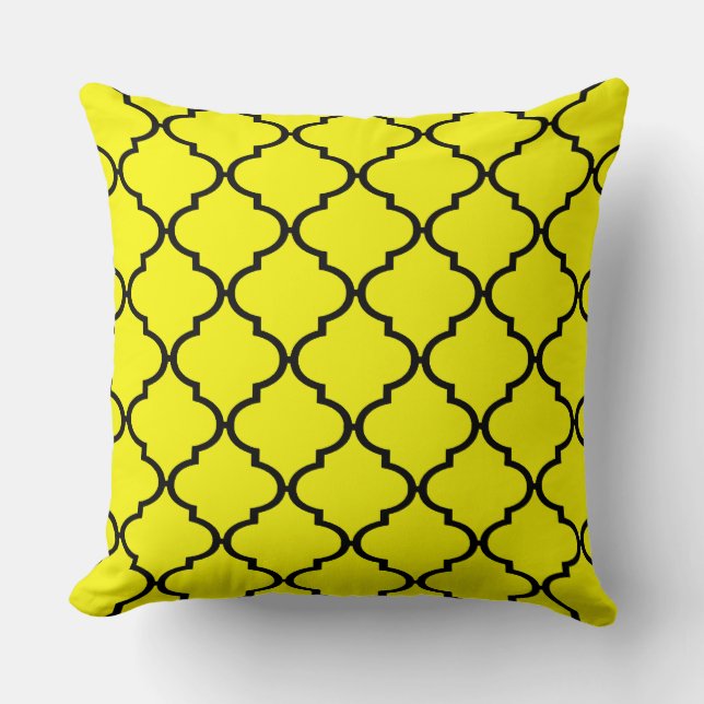 Black Yellow Moroccan Quatrefoil Pattern Pillow (Front)
