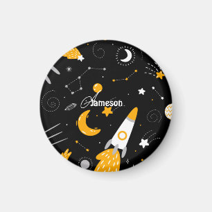 Black Yellow Night Sky Outer Space Rocket Magnet