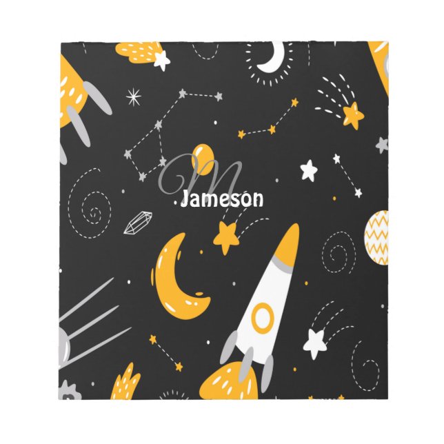 Black Yellow Outer Space Galaxy Rocket Notepad  (Front)