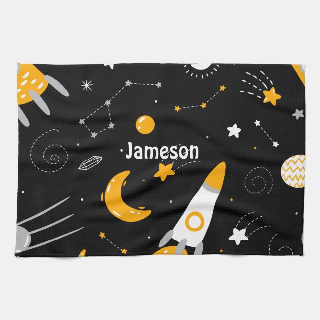 Black Yellow Outer Space Stars Moon Rocket Kitchen Towel (Horizontal)