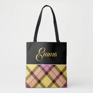 Black Yellow Pink Plaid Tartan Personalized Name Tote Bag
