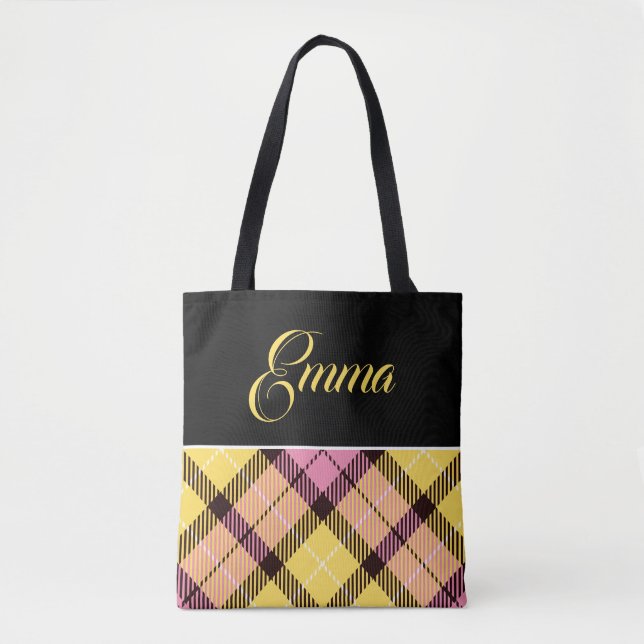 Black Yellow Pink Plaid Tartan Personalized Name Tote Bag (Front)
