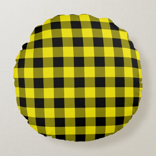 Black & Yellow Plaid Checked Round Pillow (Front)