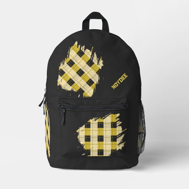 Black, Yellow Plaid Patches, Name  Printed Backpack (Front)