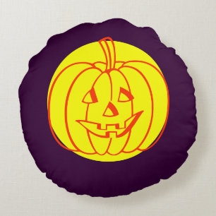 Black yellow purple skulls cat moon  Halloween Round Pillow
