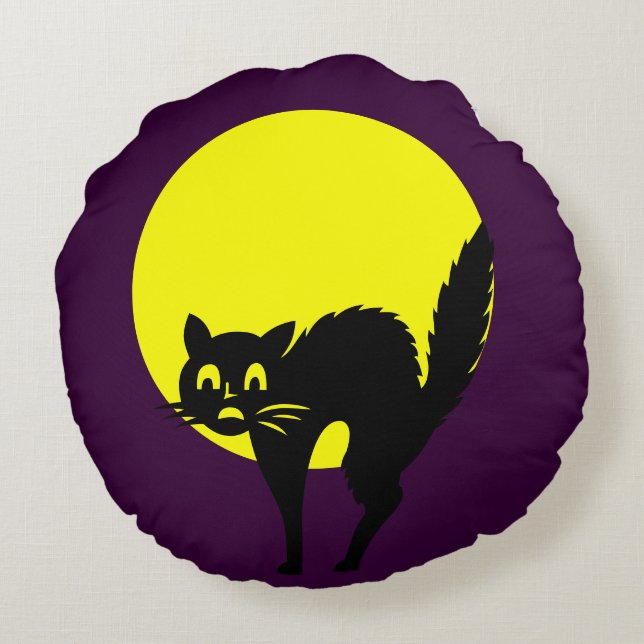 Black yellow purple skulls cat moon  Halloween Round Pillow (Back)
