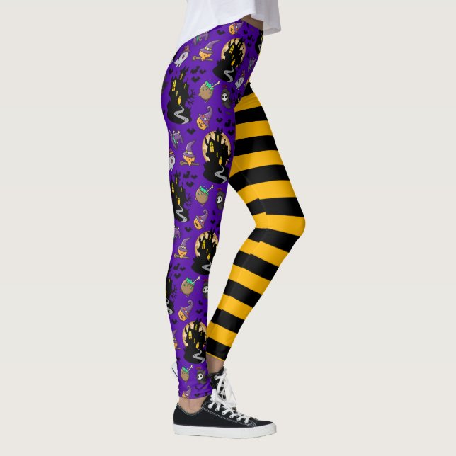Black Yellow Purple Witch House Halloween Outfit Leggings (Right)