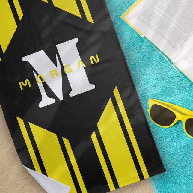 Black Yellow Racing Stripes Monogram Beach Towel (Creator Uploaded)