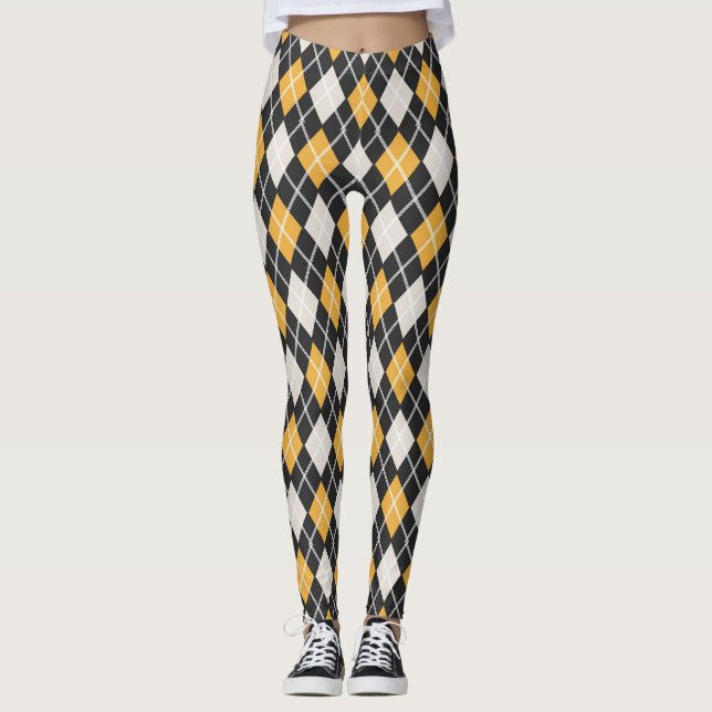 Black & yellow Seamless Argyle Pattern Leggings (Front)
