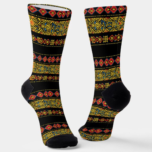 Black Yellow Slavic Pattern Socks (Angled)