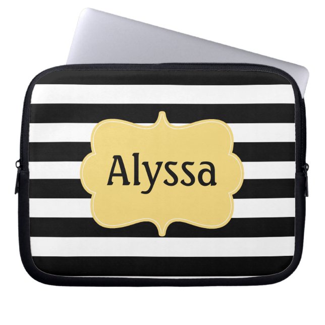Black Yellow Stripe Personalized Laptop Sleeve (Front)