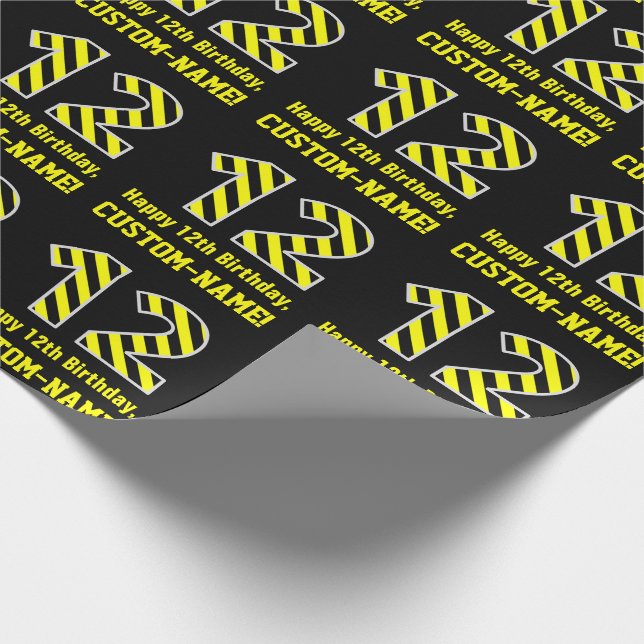 Black & Yellow Striped "12"; 12th Birthday + Name Wrapping Paper (Corner)