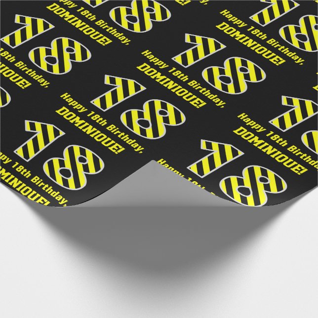 Black & Yellow Striped "18"; 18th Birthday + Name Wrapping Paper (Corner)