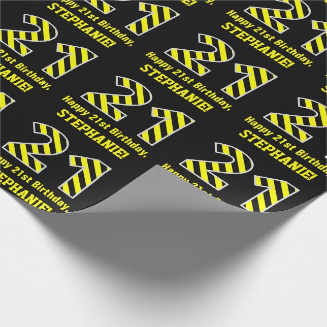 Black & Yellow Striped "21"; 21st Birthday + Name Wrapping Paper (Corner)