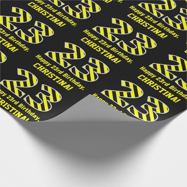 Black & Yellow Striped "23"; 23rd Birthday + Name Wrapping Paper (Corner)