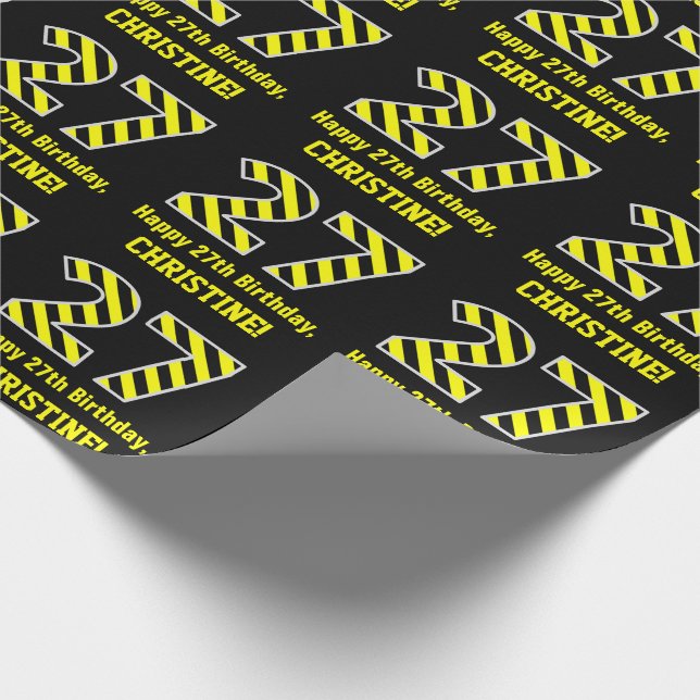 Black & Yellow Striped "27"; 27th Birthday + Name Wrapping Paper (Corner)