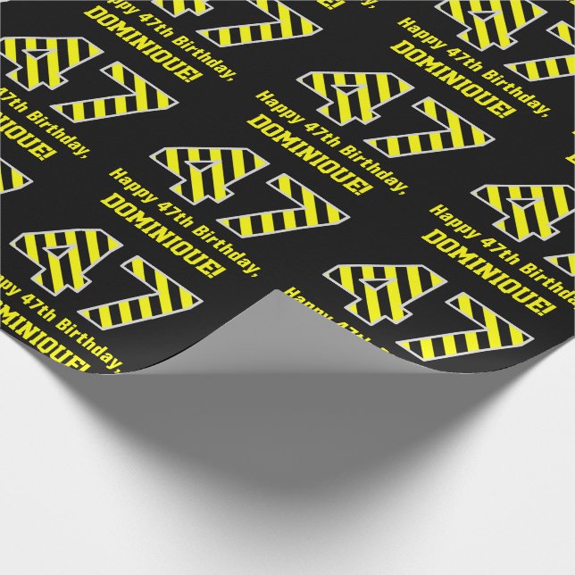 Black & Yellow Striped "47"; 47th Birthday + Name Wrapping Paper (Corner)