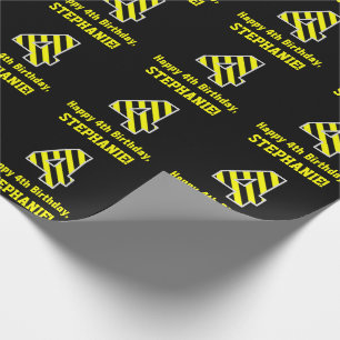 Black & Yellow Striped "4"; 4th Birthday + Name Wrapping Paper
