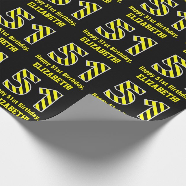 Black & Yellow Striped "51"; 51st Birthday + Name Wrapping Paper (Corner)