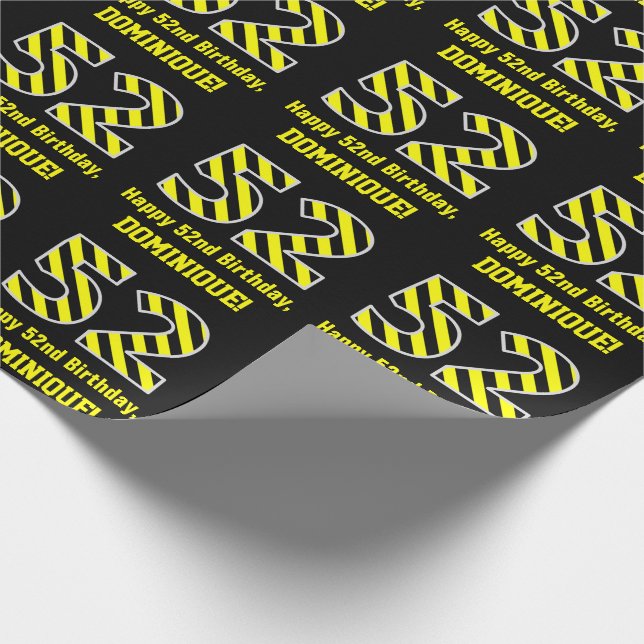 Black & Yellow Striped "52"; 52nd Birthday + Name Wrapping Paper (Corner)