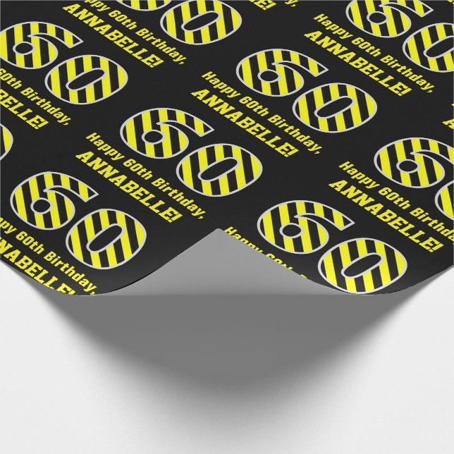 Black & Yellow Striped "60"; 60th Birthday + Name Wrapping Paper (Corner)