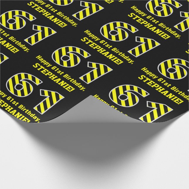 Black & Yellow Striped "61"; 61st Birthday + Name Wrapping Paper (Corner)