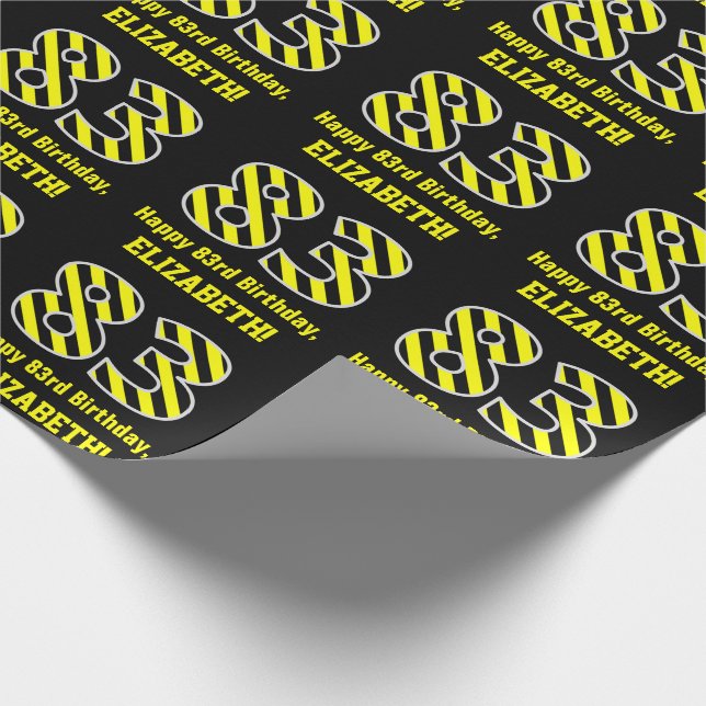 Black & Yellow Striped "83"; 83rd Birthday + Name Wrapping Paper (Corner)