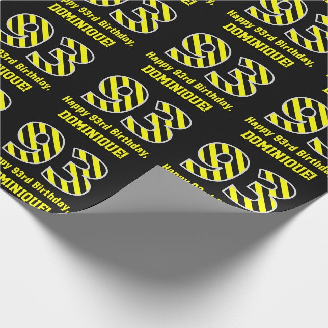 Black & Yellow Striped "93"; 93rd Birthday + Name Wrapping Paper (Corner)