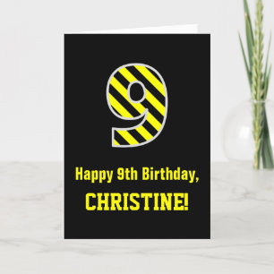 Black & Yellow Striped "9"; 9th Birthday + Name Card
