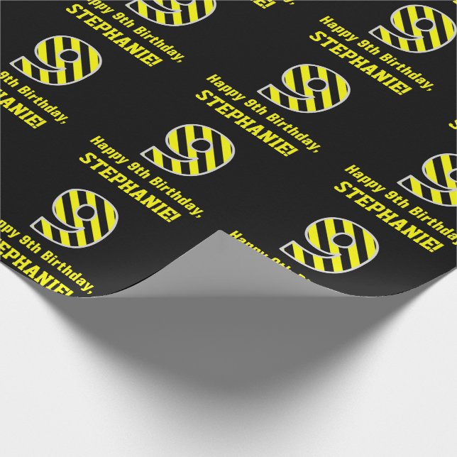Black & Yellow Striped "9"; 9th Birthday + Name Wrapping Paper (Corner)