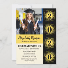 Black Yellow Sunburst Graduation Photo Invitation
